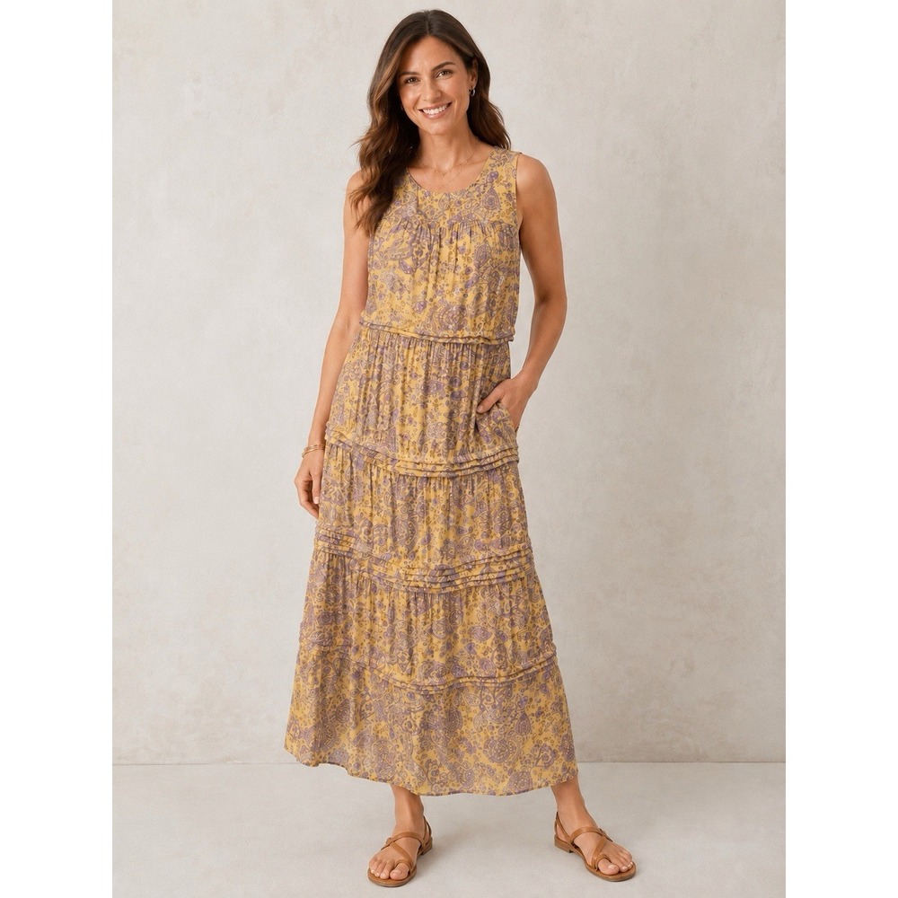 J. Jill NWT Yellow Purple Small S Paisley Tiered Pleated Maxi Dress Size $149